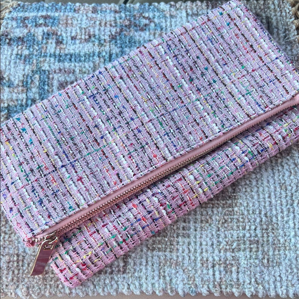 Fabulous Pink Tweed Fold Over Clutch - opens with a zipper and becomes large!